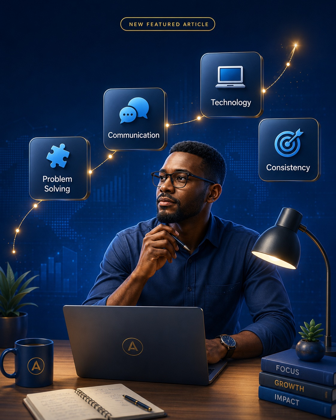 A focused African professional using a laptop while problem solving, communication, technology, and consistency rise together as complementary skills.